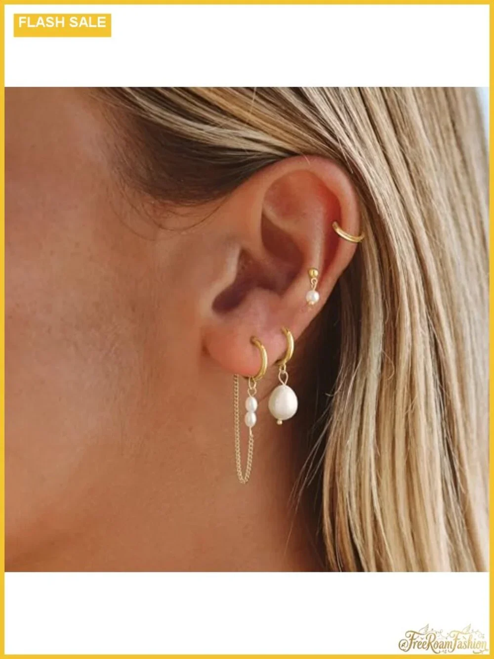 14K Gold Plated Brass Earring Stack Set Chain Hoop with Pearls